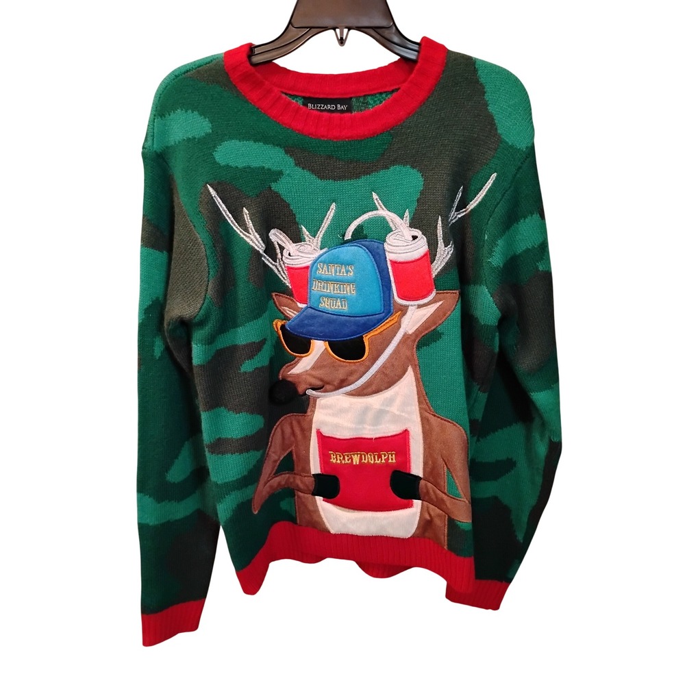 Blizzard Bay Brewdolph Ugly Christmas Sweater Green Camo Mens Medium